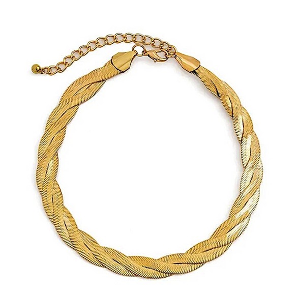 Gold Twisted Herringbone Choker, Necklace Thick, Statement - Picture 4 of 4